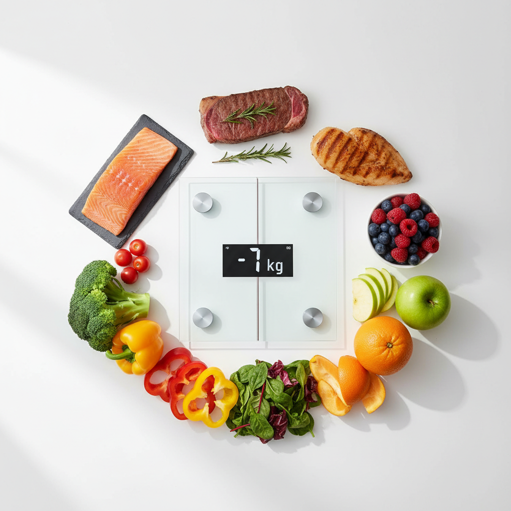 Plan Dieta Rápida 15 Días - Báscula mostrando -7 kg con carne, pescado, frutas y verduras frescas